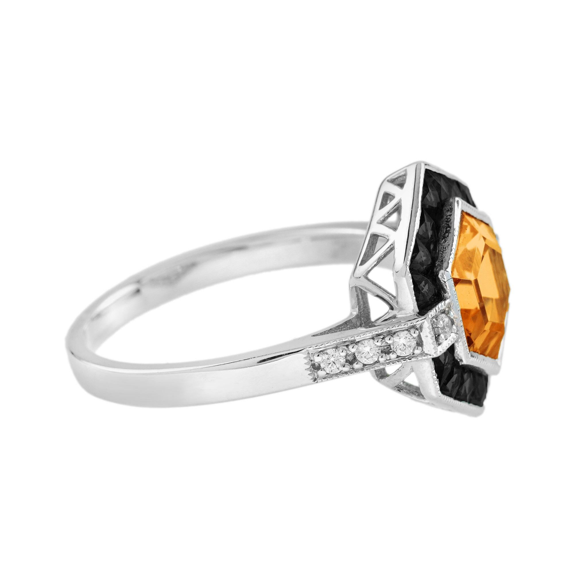 Sechseckiger Orange Citrin & Schwarzer Onyx Diamant Art Deco Weißgold Ring (Art déco) im Angebot