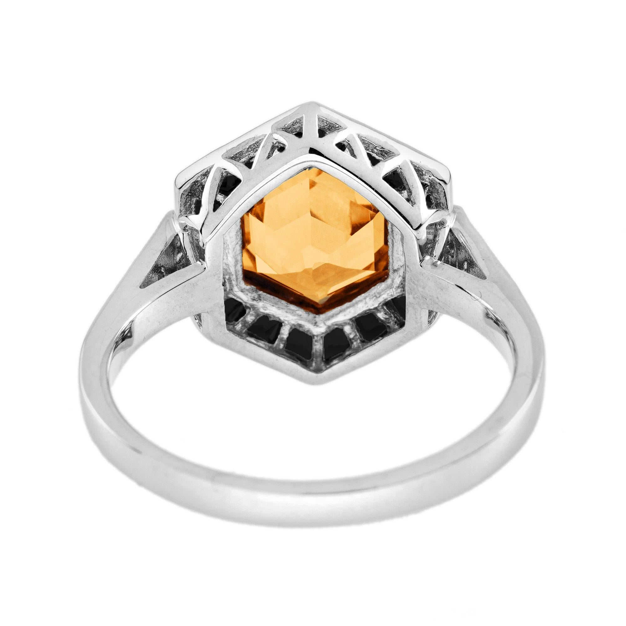 Sechseckiger Orange Citrin & Schwarzer Onyx Diamant Art Deco Weißgold Ring (Hexagonschliff) im Angebot
