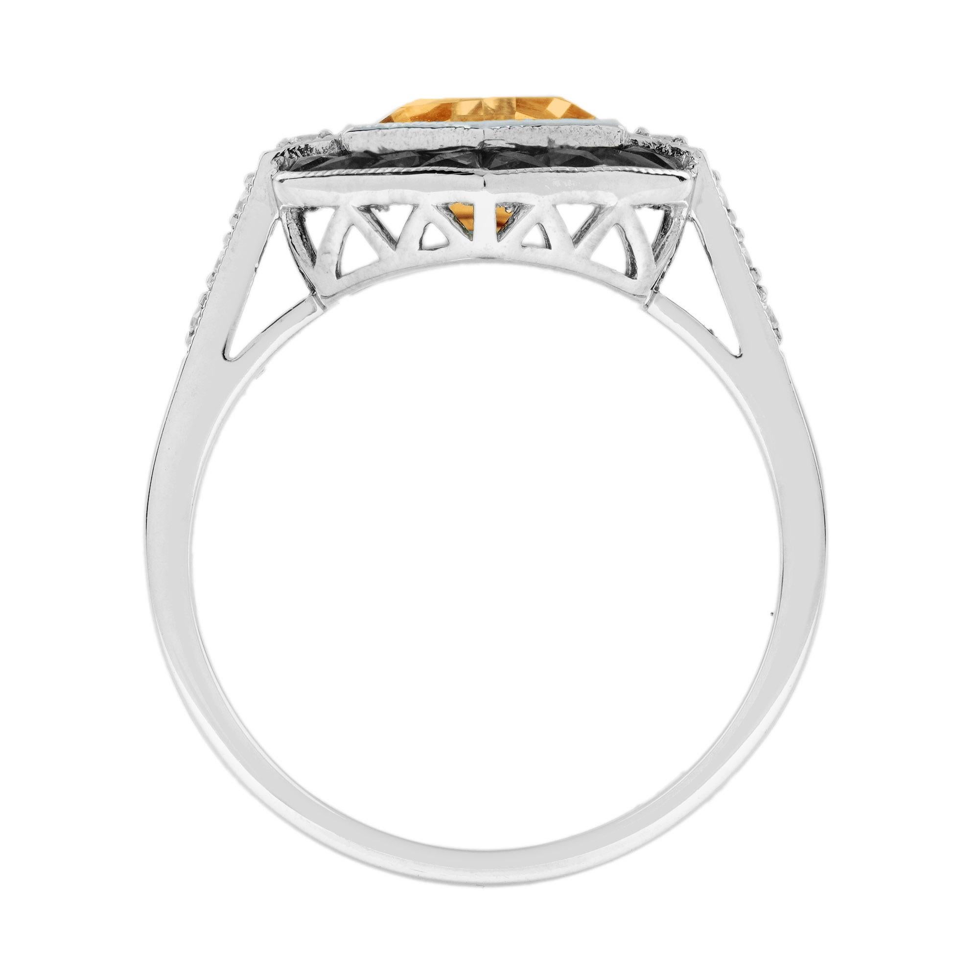 Sechseckiger Orange Citrin & Schwarzer Onyx Diamant Art Deco Weißgold Ring im Zustand „Neu“ im Angebot in Oakton, VA