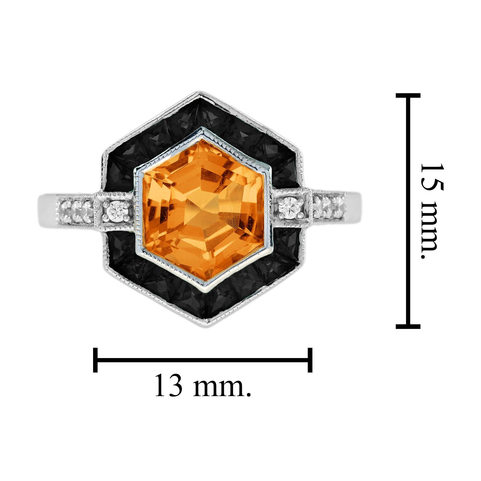 Sechseckiger Orange Citrin & Schwarzer Onyx Diamant Art Deco Weißgold Ring Damen im Angebot
