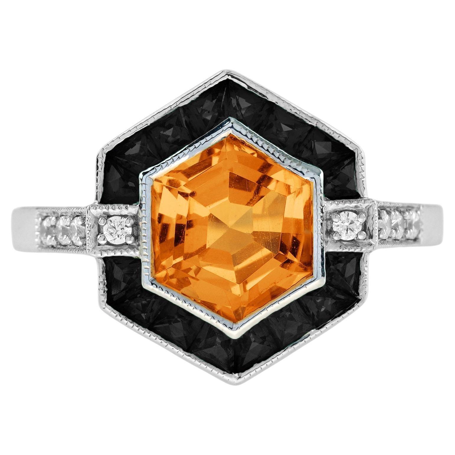 Sechseckiger Orange Citrin & Schwarzer Onyx Diamant Art Deco Weißgold Ring