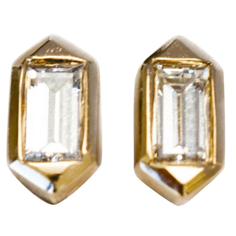 Hexagon Shaped Stud Earrings with Baguette Diamonds For Sale at 1stdibs
