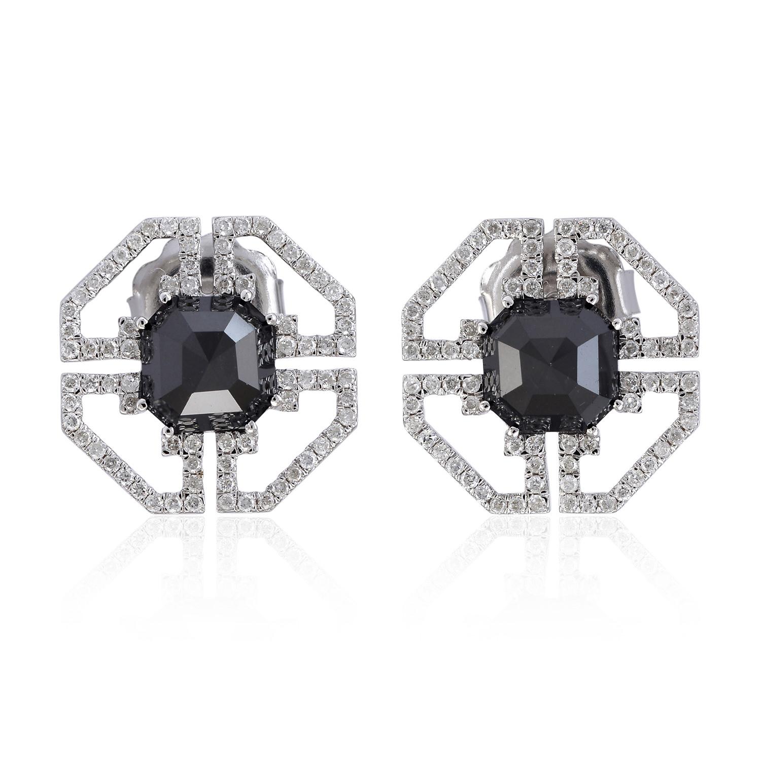 Art Deco Hexagon Shaped Studs With Center Black Diamond Surrounded by White Diamonds For Sale