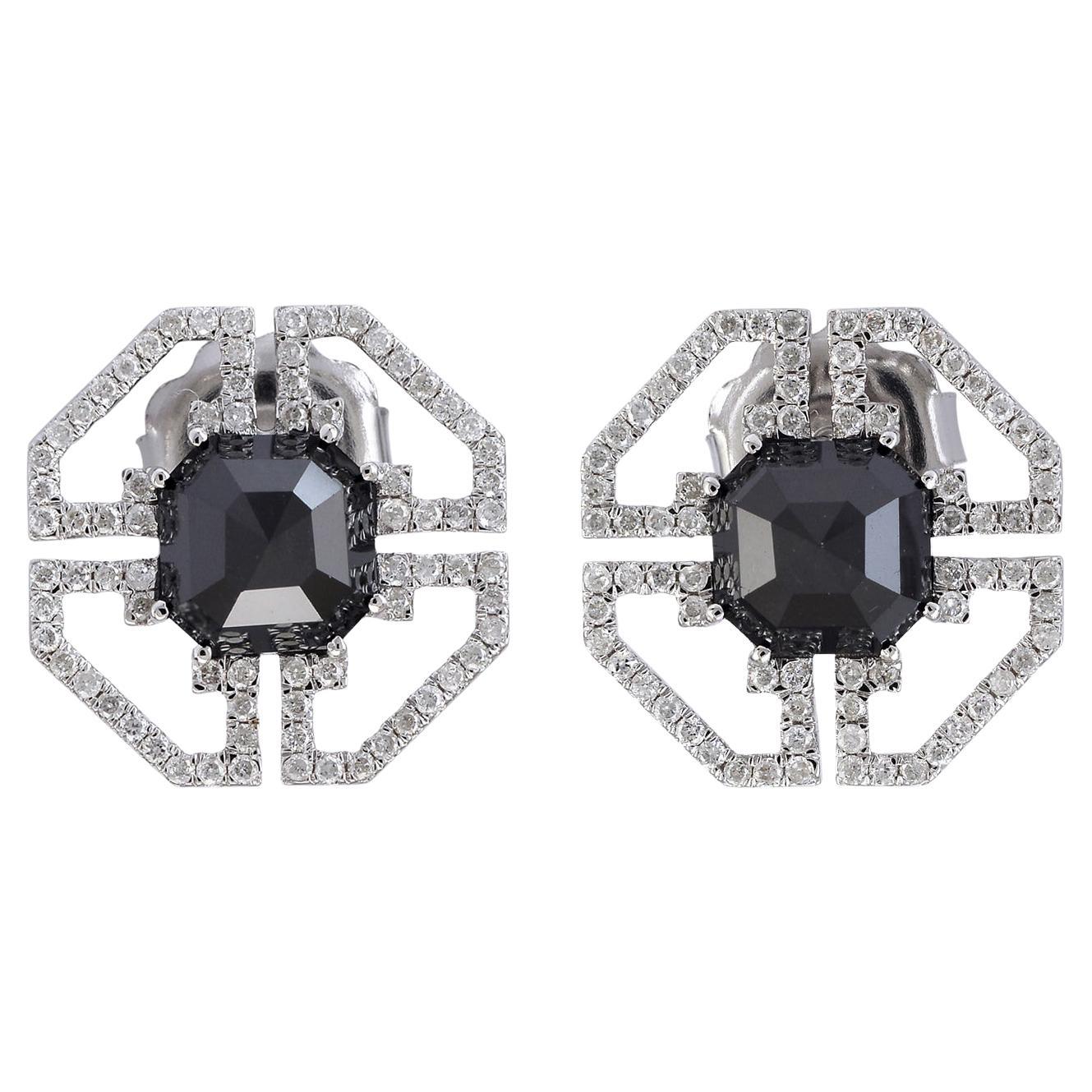 Hexagon Shaped Studs With Center Black Diamond Surrounded by White Diamonds For Sale
