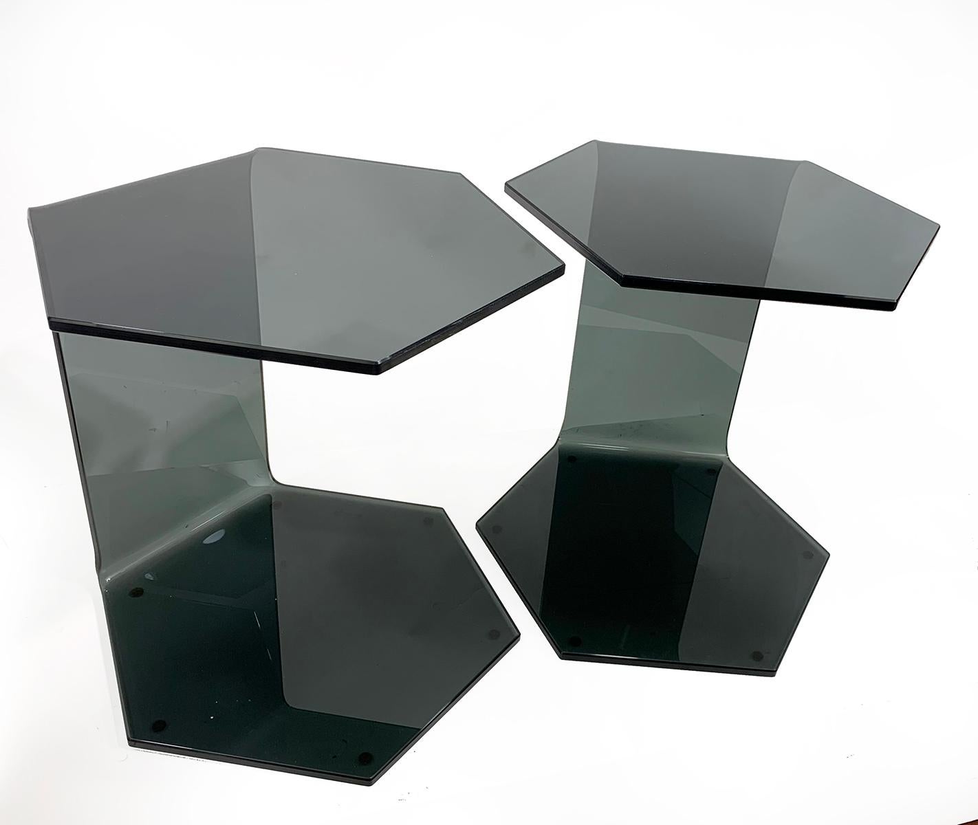 HEXAGON - set of two side tables designed by M. Manzoni & R. Tapinassi for Steiner Paris, in beveled smoked glass.