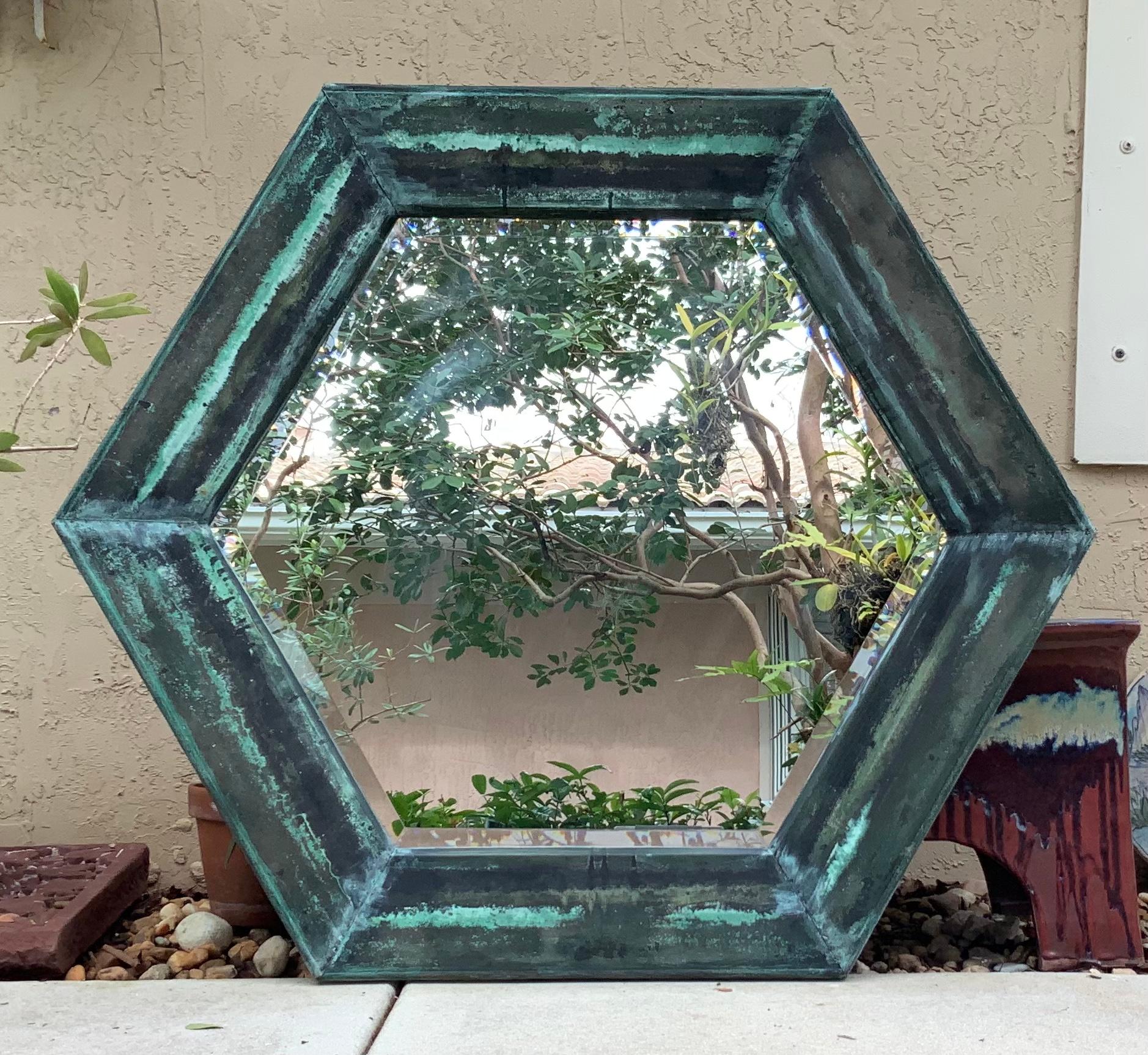 American Hexagon Size Antique Copper Wall Mirror 