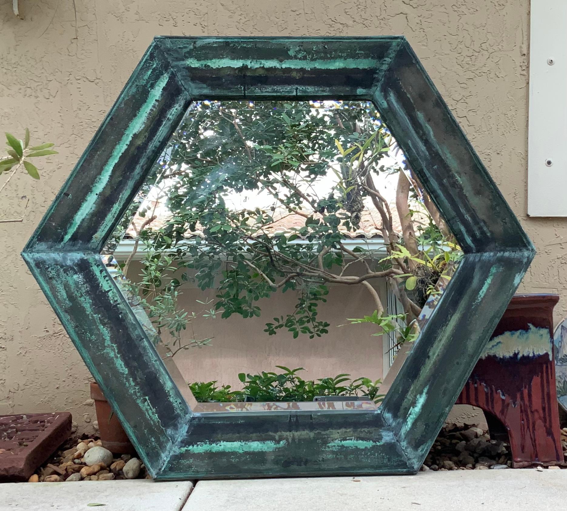 Hexagon Size Antique Copper Wall Mirror  In Good Condition In Delray Beach, FL