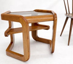 Hexagon Smoked Glass Oak Base Floating Shelf Side End Table