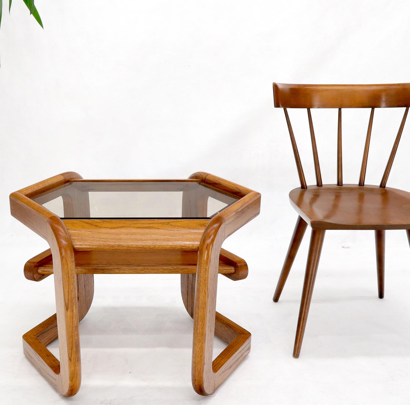 Mid-Century Modern Hexagon Smoked Glass Oak Base Floating Shelf Side End Table For Sale