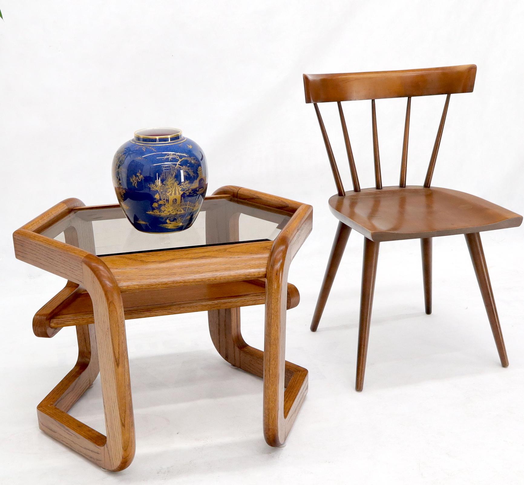 Hexagon Smoked Glass Oak Base Floating Shelf Side End Table For Sale 1