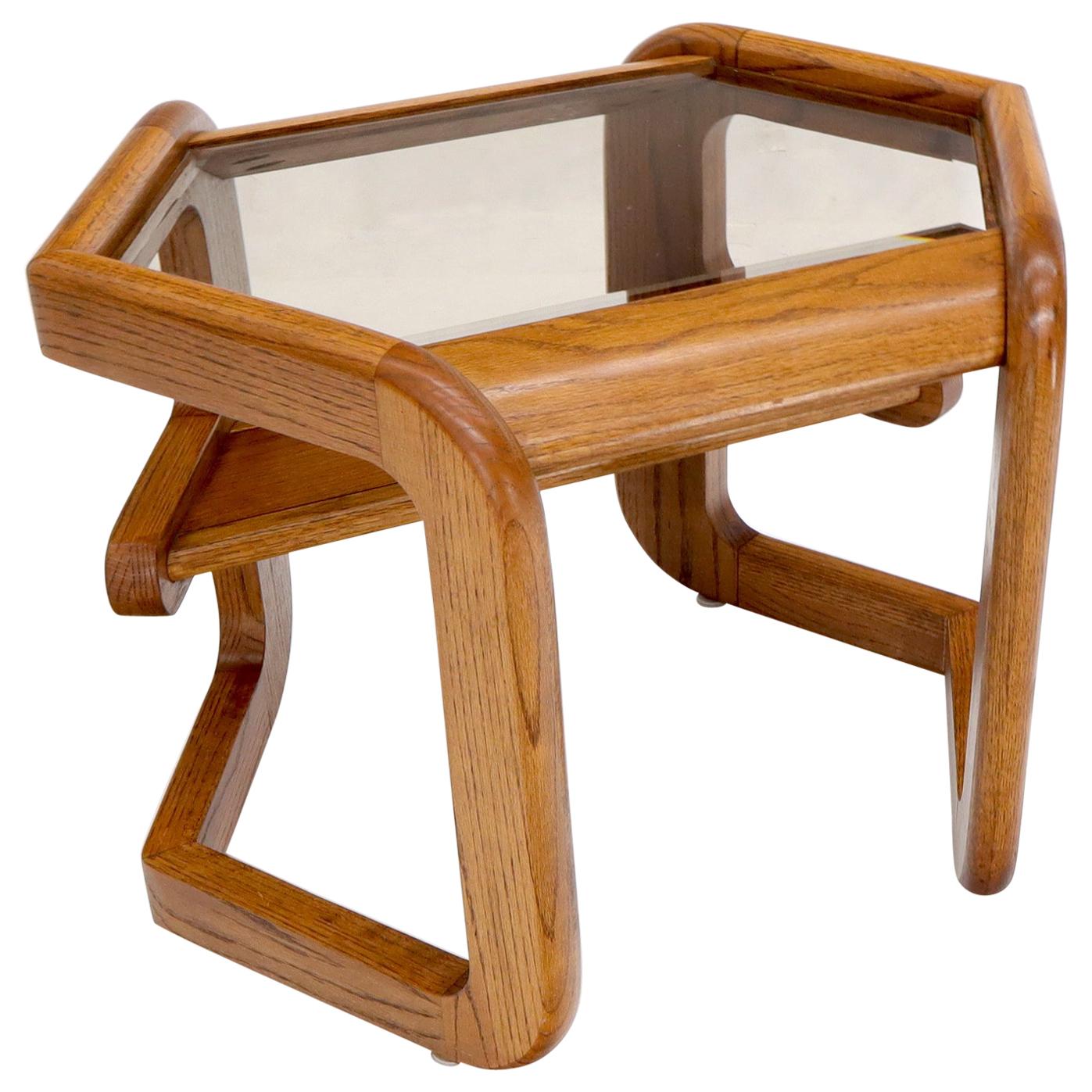Hexagon Smoked Glass Oak Base Floating Shelf Side End Table