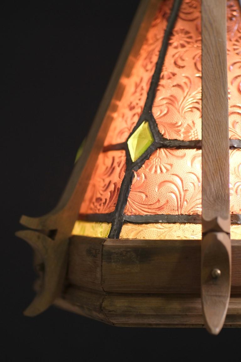 Hexagon Stained Glass & Wood Geometric Pendant Light Done in a Gothic Style 5