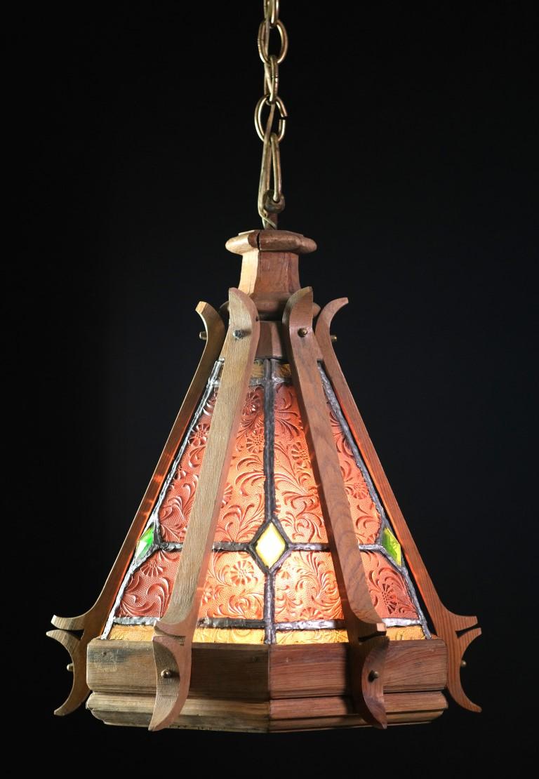 Hexagon Stained Glass & Wood Geometric Pendant Light Done in a Gothic Style 4