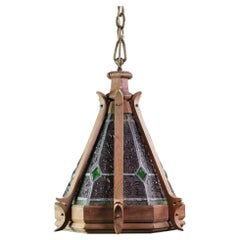Hexagon Stained Glass & Wood Geometric Pendant Light Done in a Gothic Style