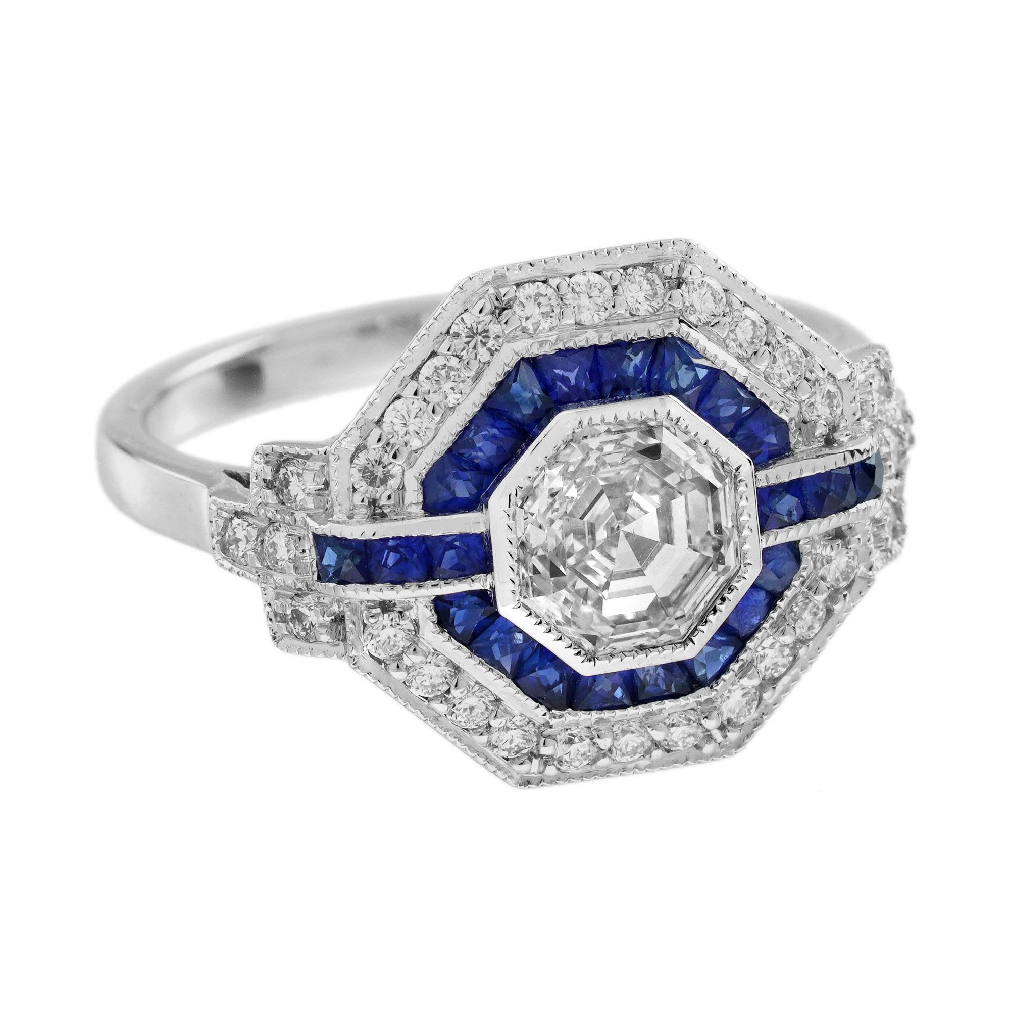 Découvrez le mélange parfait d'élégance et de beauté intemporelle avec ce 1,03 Ct. Bague Halo de style Art Déco en diamant et saphir bleu de taille française. Le superbe diamant brille au centre, entouré de saphirs bleus de taille française vibrants