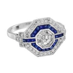 Hexagon Step Cut Diamond French Cut Blue Sapphire Art Deco Style Halo Gold Ring
