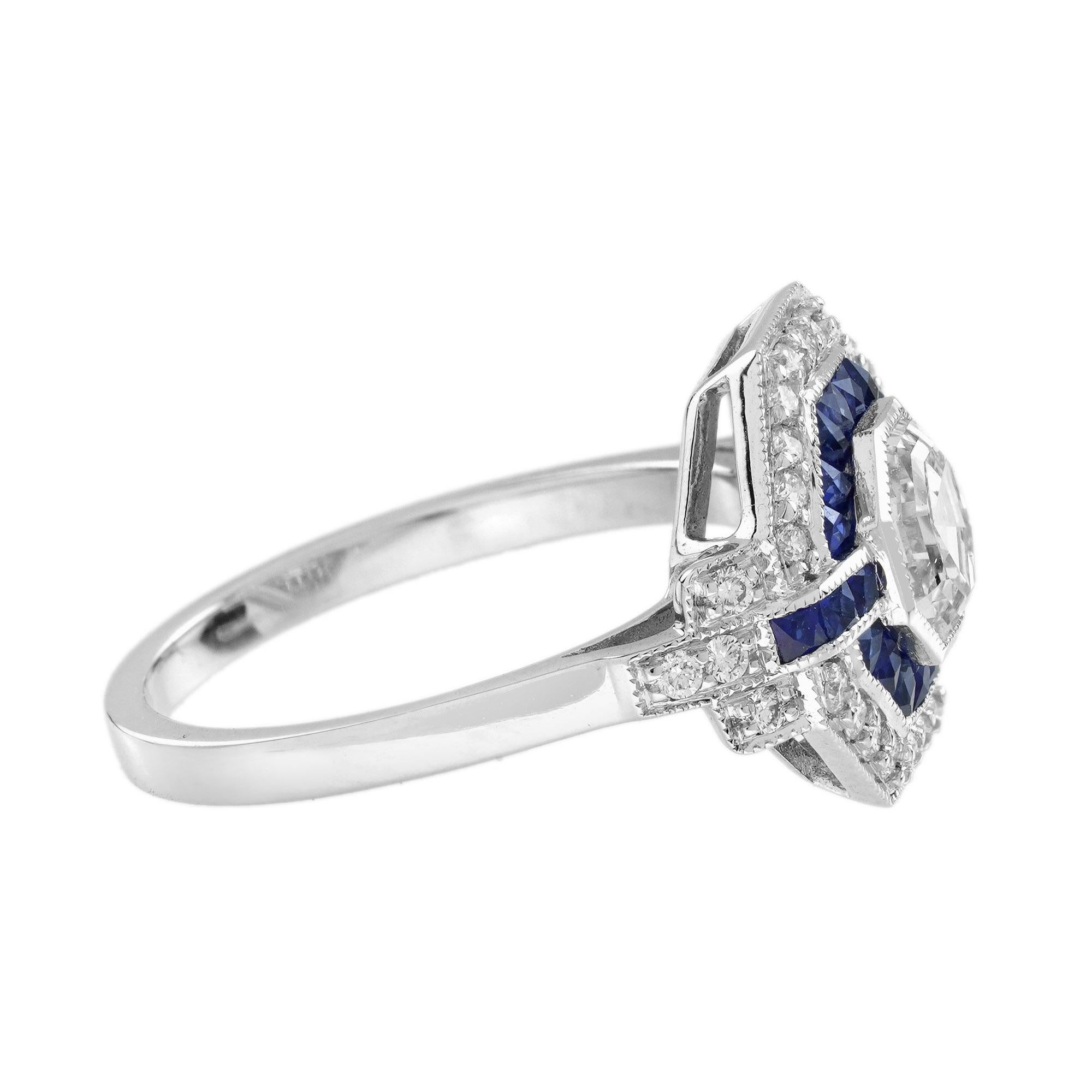 Art déco Bague en or à halo de style art déco, diamant hexagonal taillé à l'ancienne, saphir bleu taillé à la française en vente