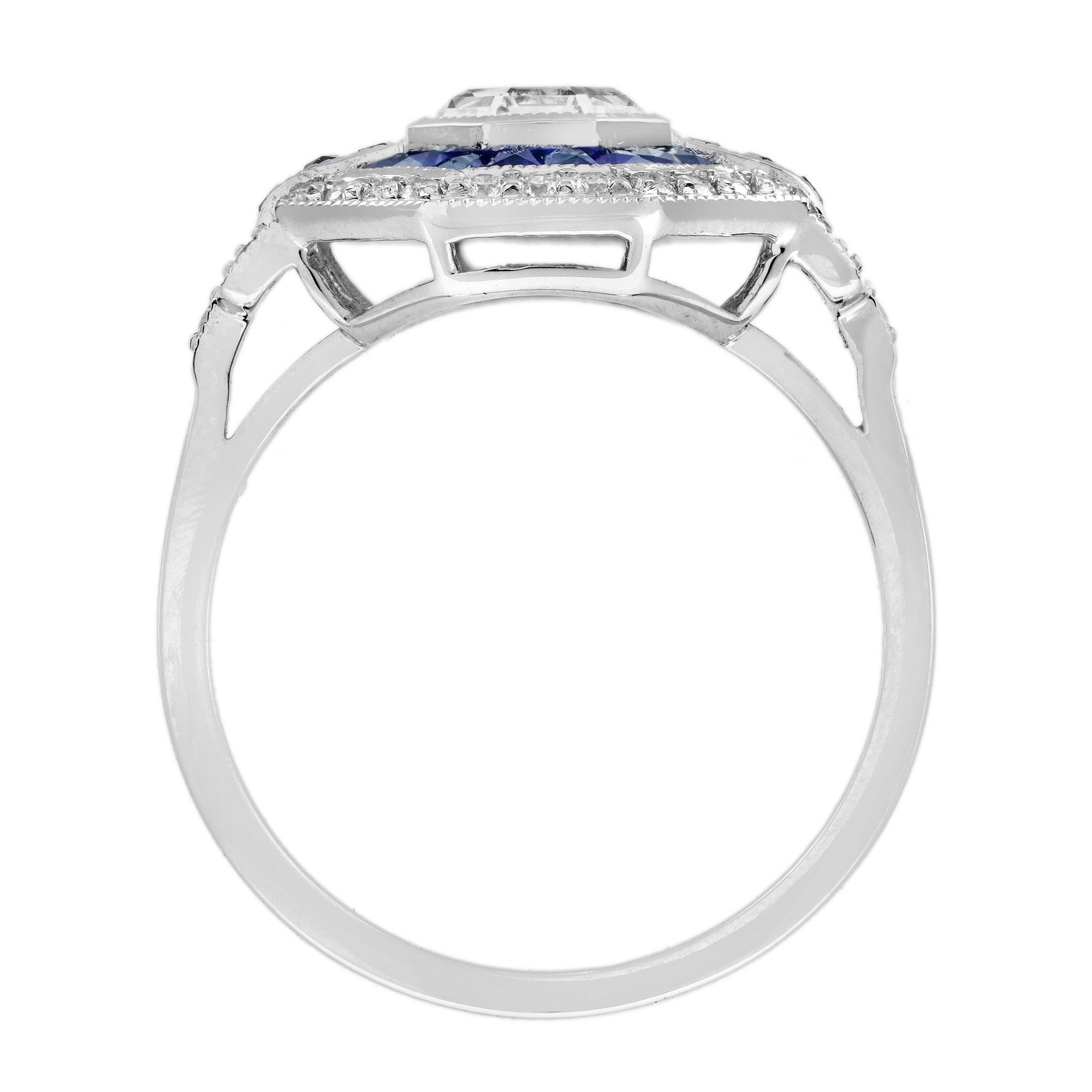 Taille hexagone Bague en or à halo de style art déco, diamant hexagonal taillé à l'ancienne, saphir bleu taillé à la française en vente