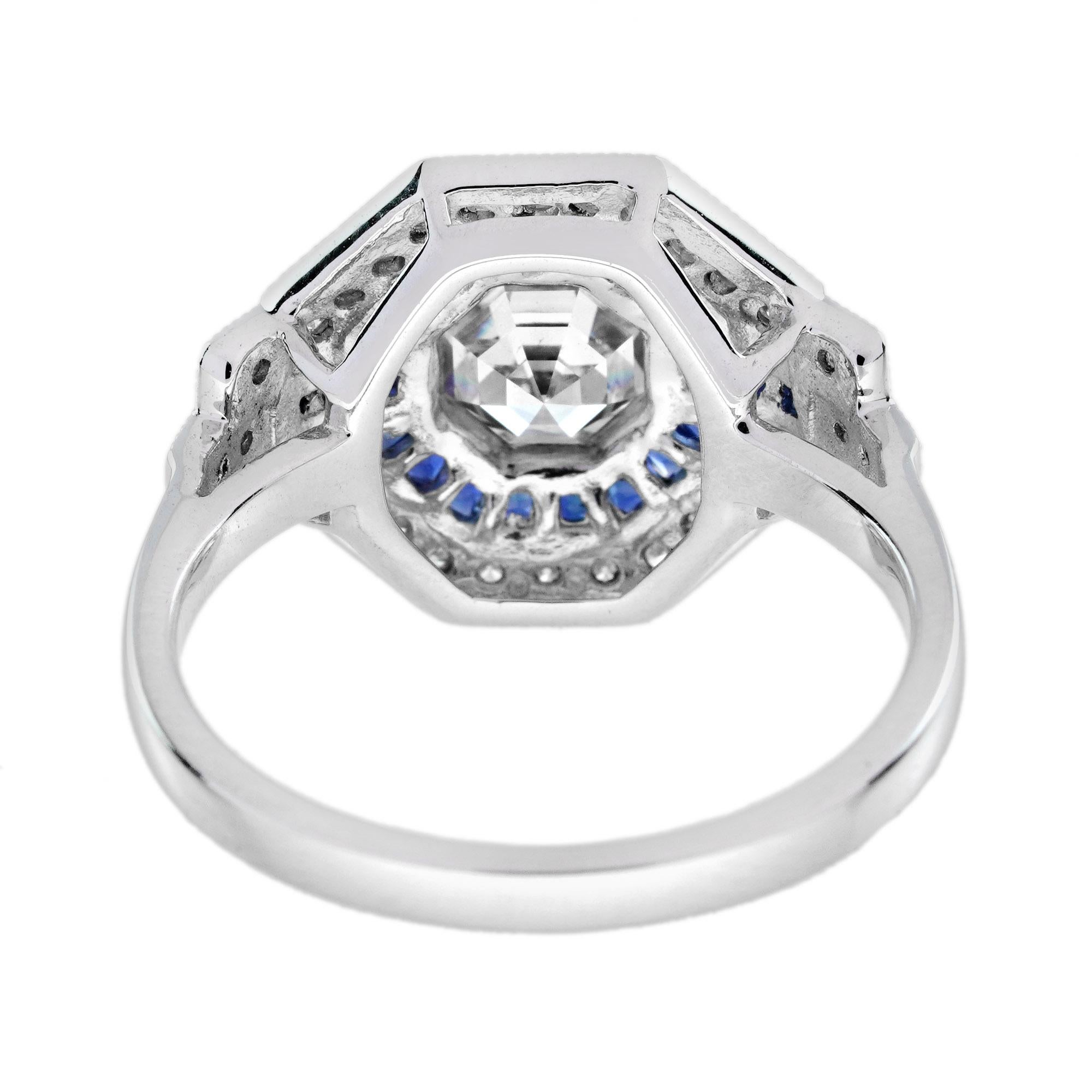 Bague en or à halo de style art déco, diamant hexagonal taillé à l'ancienne, saphir bleu taillé à la française Neuf - En vente à Oakton, VA