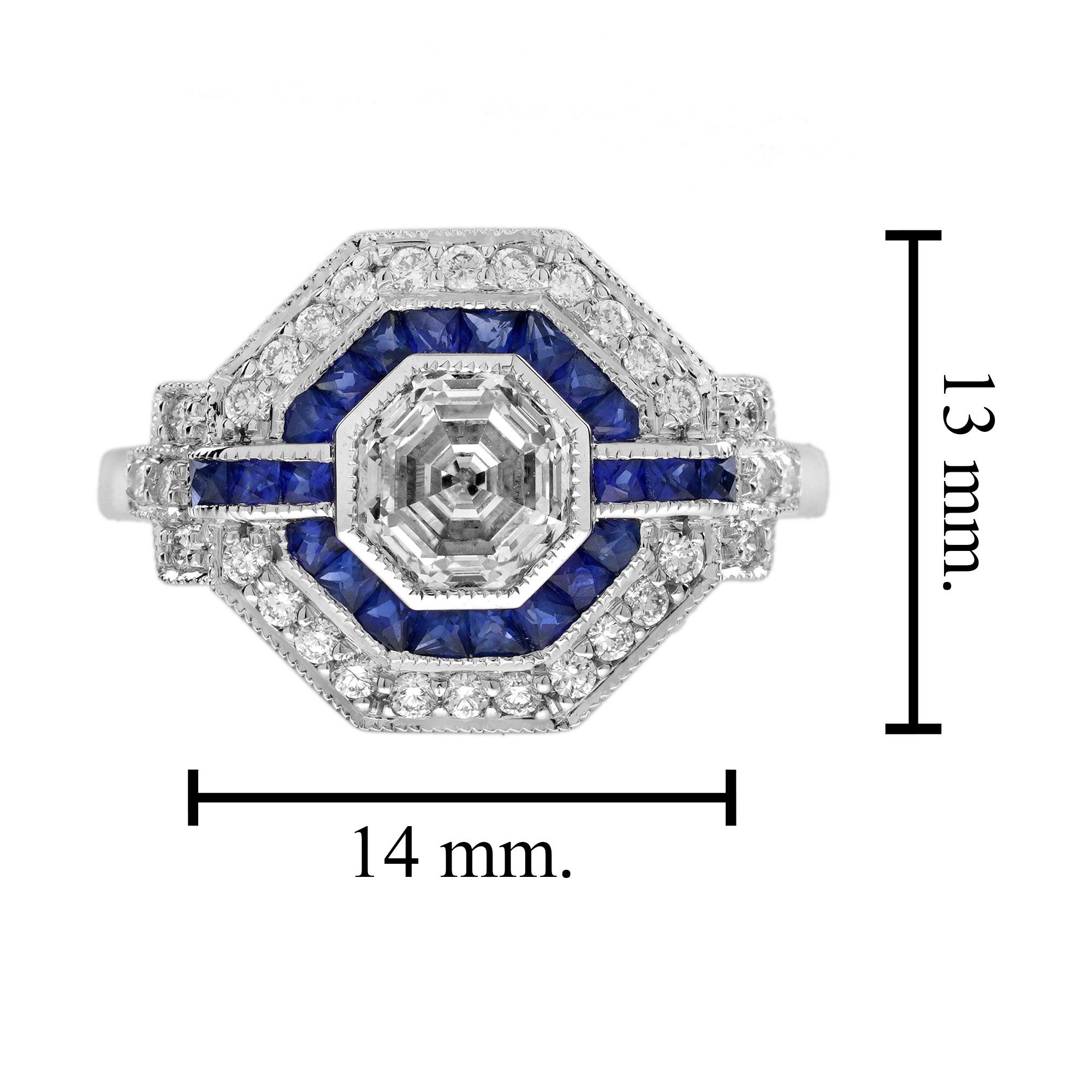 Bague en or à halo de style art déco, diamant hexagonal taillé à l'ancienne, saphir bleu taillé à la française Pour femmes en vente