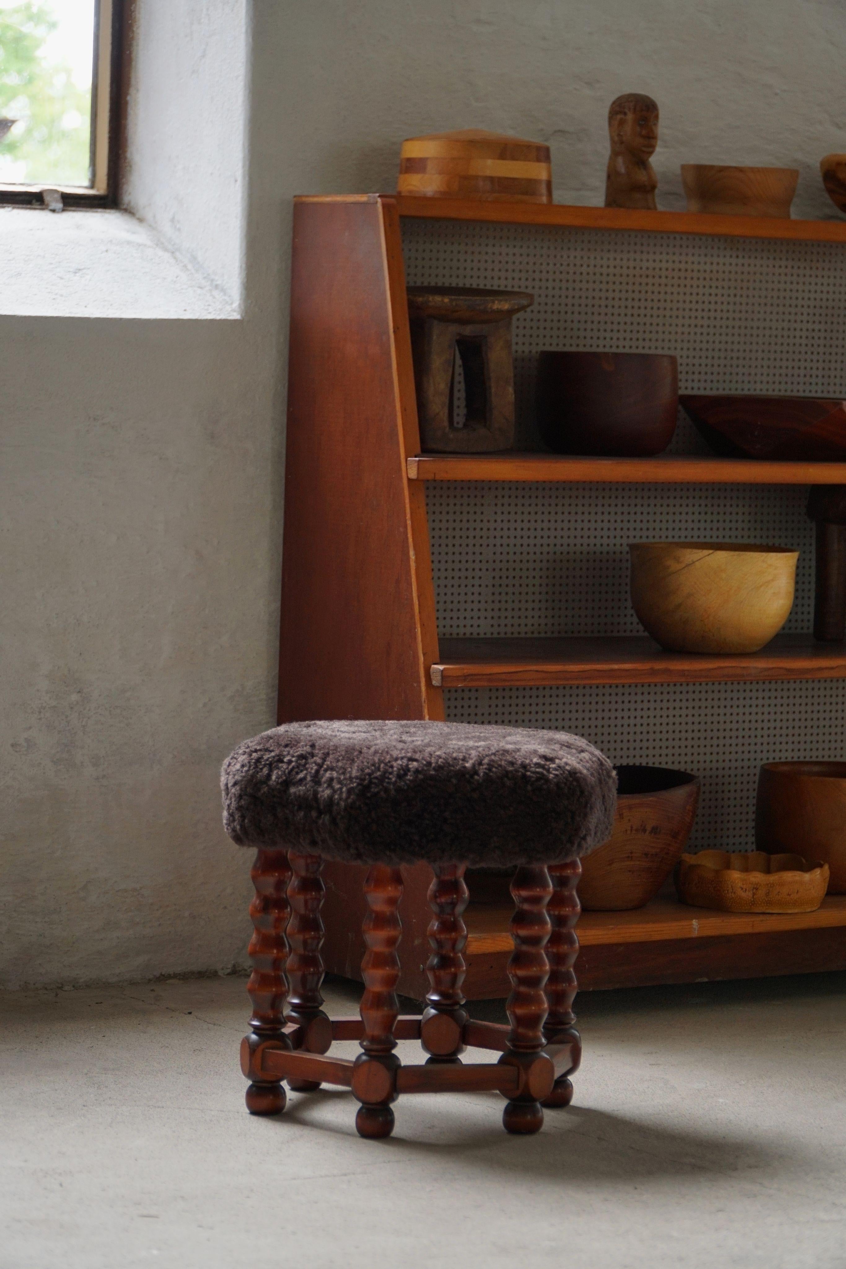 Hexagon Stool, Reupholstered in Dark Brown Lambswool, Danish Modern, 1950s For Sale 4