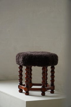 Hexagon Stool, Reupholstered in Dark Brown Lambswool, Danish Modern, 1950s