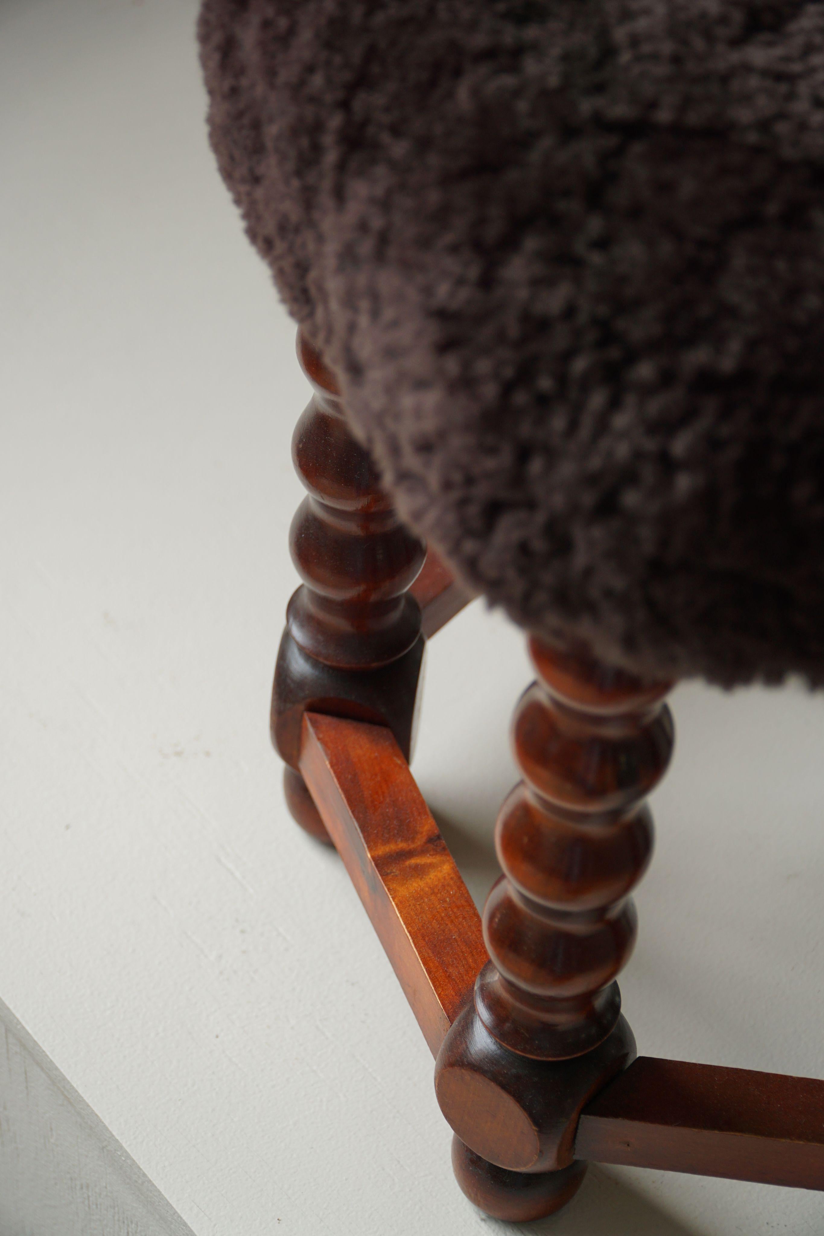 Baroque Hexagon Stool, Reupholstered in Dark Brown Lambswool, Danish Modern, 1950s For Sale