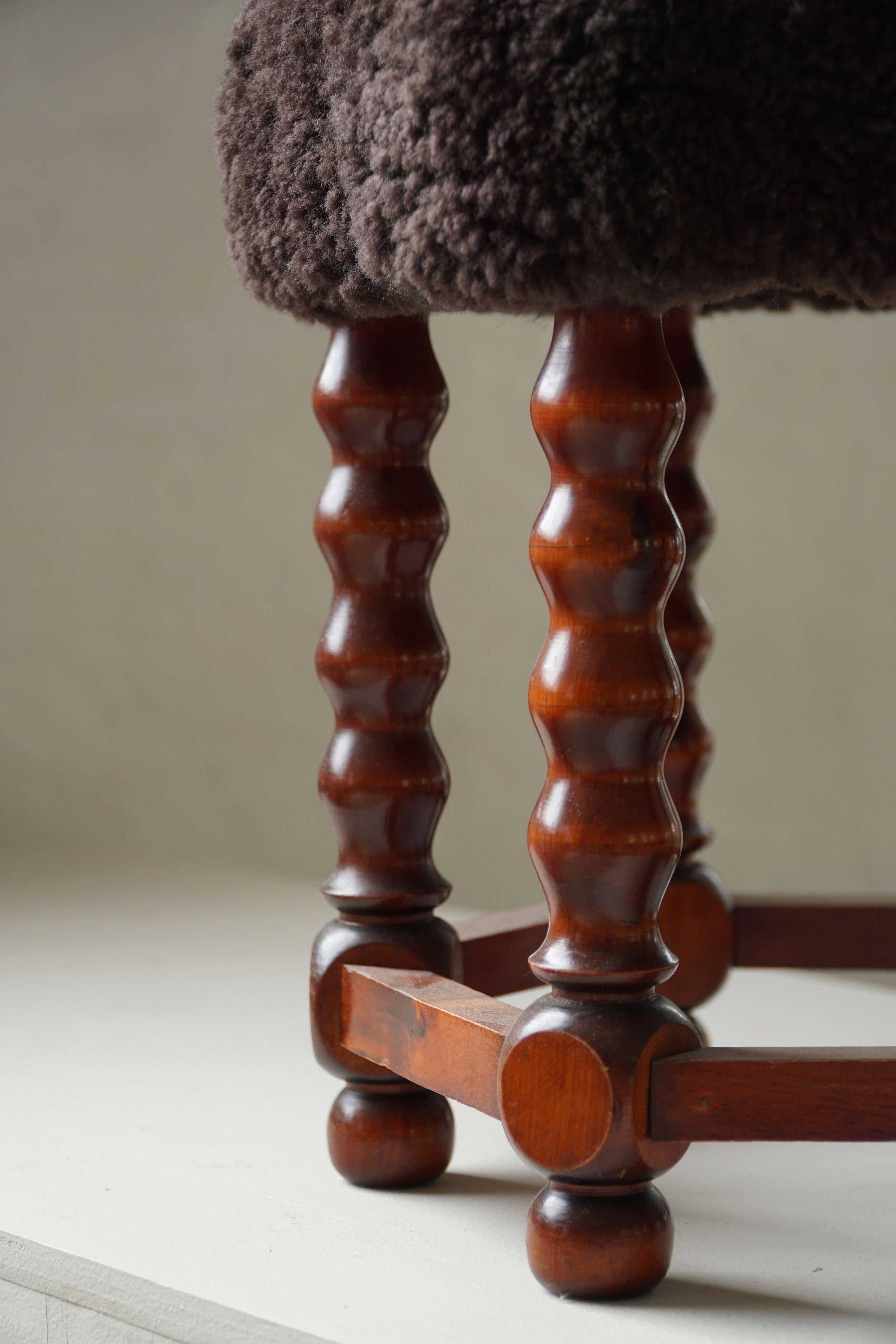 Hexagon Stool, Reupholstered in Dark Brown Lambswool, Danish Modern, 1950s In Good Condition For Sale In Odense, DK