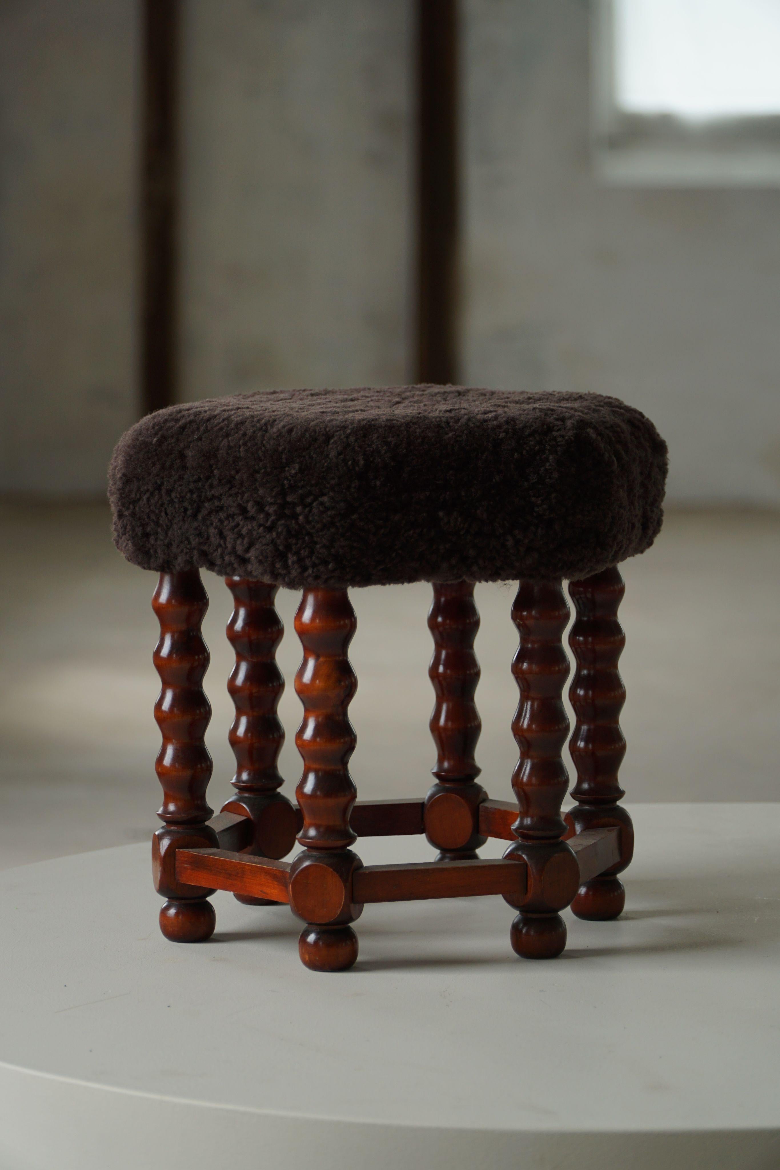 Lambskin Hexagon Stool, Reupholstered in Dark Brown Lambswool, Danish Modern, 1950s For Sale