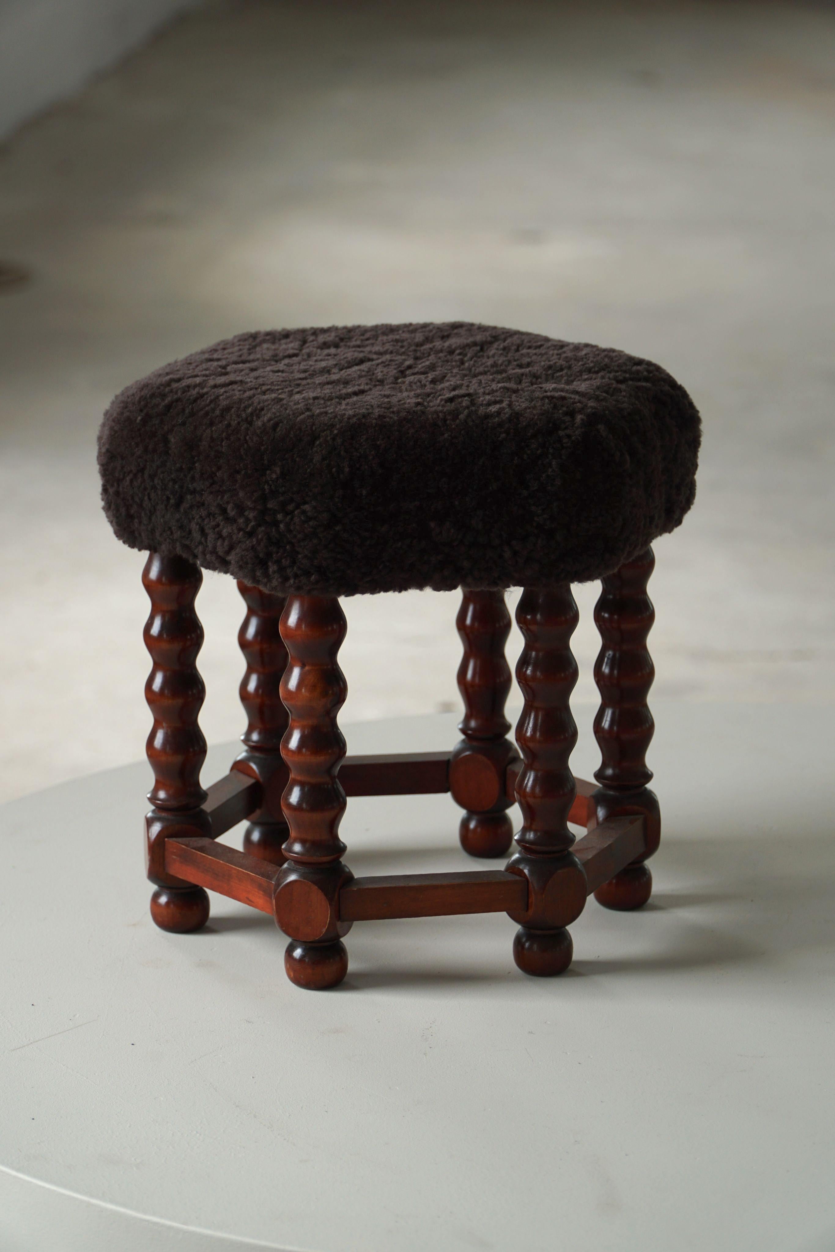 Hexagon Stool, Reupholstered in Dark Brown Lambswool, Danish Modern, 1950s For Sale 1