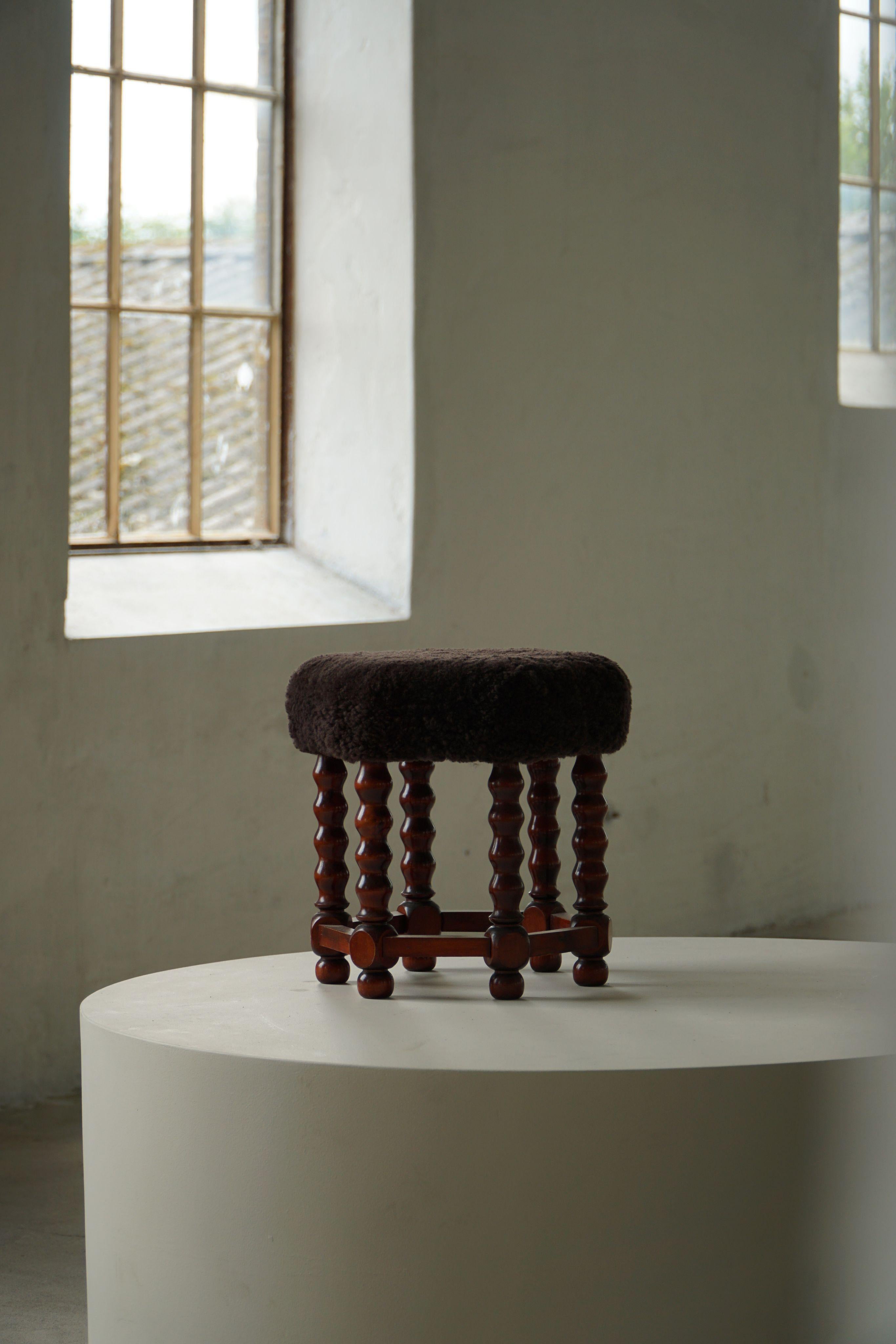 Hexagon Stool, Reupholstered in Dark Brown Lambswool, Danish Modern, 1950s For Sale 2