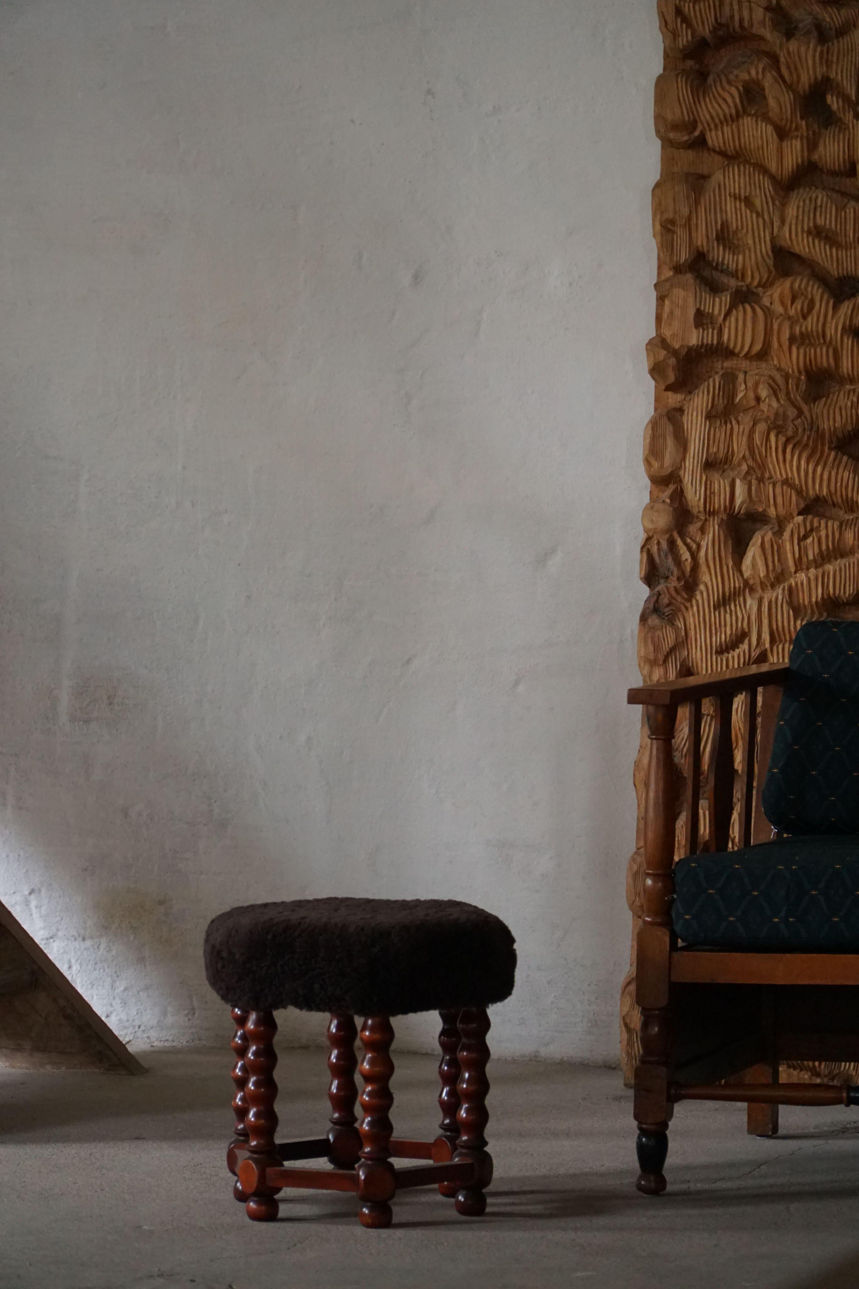 Hexagon Stool, Reupholstered in Dark Brown Lambswool, Danish Modern, 1950s For Sale 3