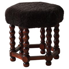 Hexagon Stool, Reupholstered in Dark Brown Lambswool, Danish Modern, 1950s