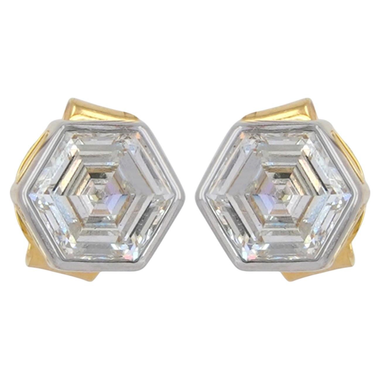 Hexagon Studs Natural G/Si White Diamond Earring Solid 14k Yellow Gold Jewelry