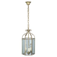 Vintage Hexagon Style Brass Beveled Glass Lantern Pendant Light