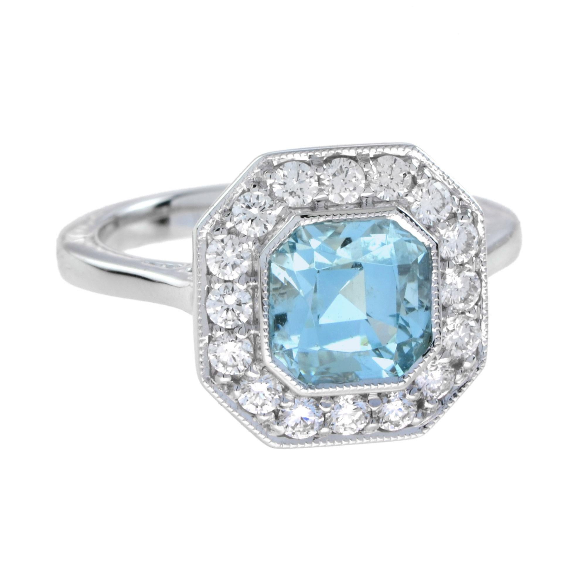 Gorgeous Art Deco inspired ring, showcasing a 2.7 carat blue. The ring is adorned with over half a carat of round brilliant cut diamonds in a grain set and meticulously.
Ring Information
Style: Art Deco
Weight: 4.90 g. (approx. total weight)
Center