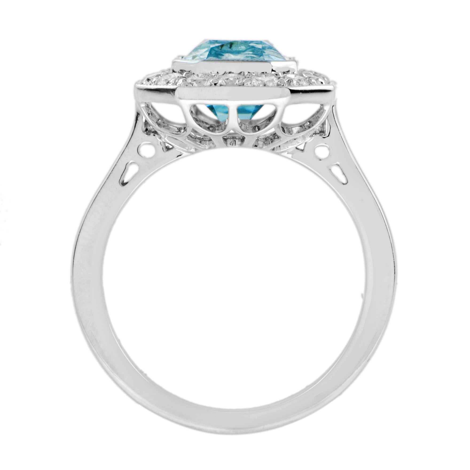 Anello esagonale con Topazio Blu Svizzero e diamanti in stile Art Deco con incastonatura a raggiera in oro bianco 14 carati In condizioni Nuovo in vendita a Oakton, VA