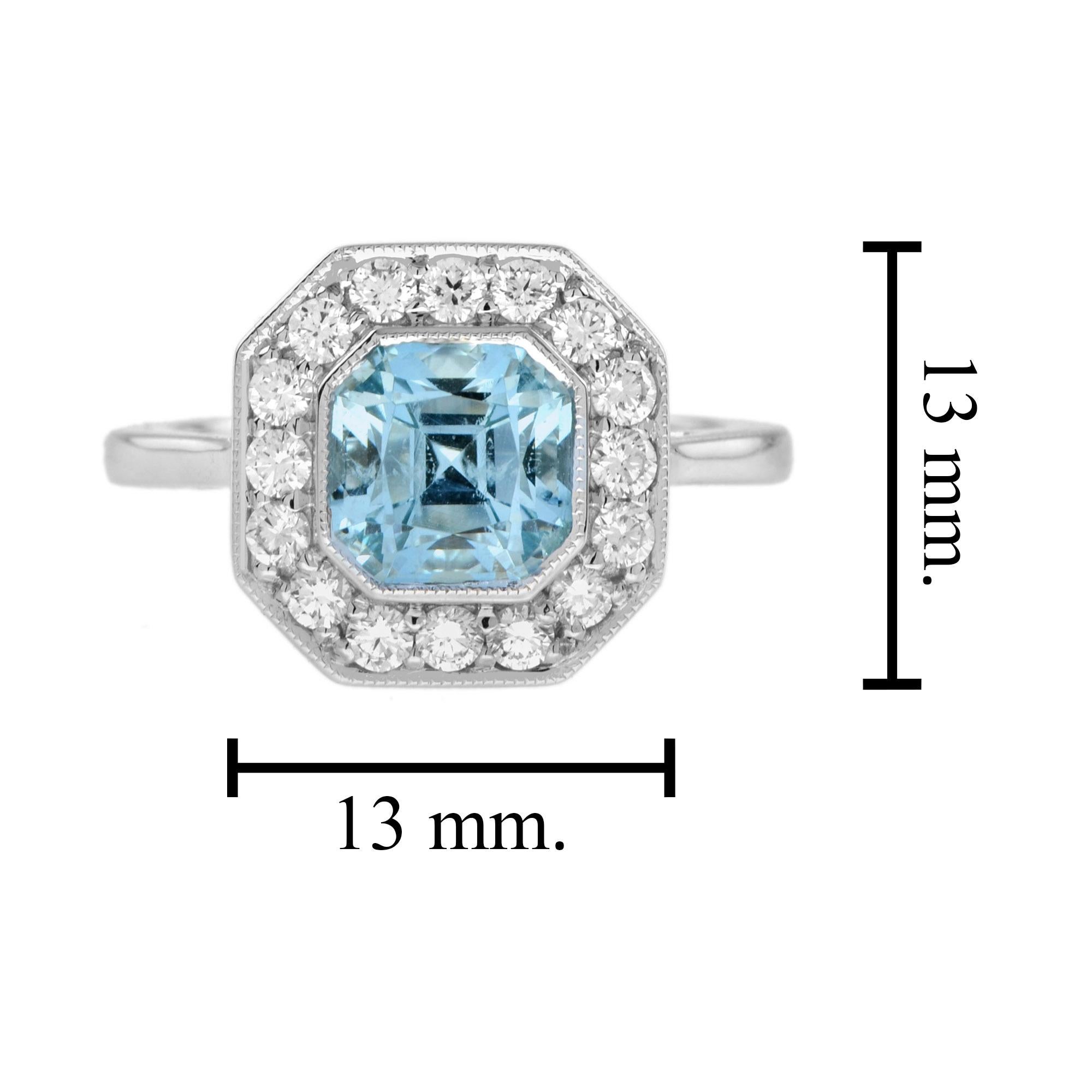 Anello esagonale con Topazio Blu Svizzero e diamanti in stile Art Deco con incastonatura a raggiera in oro bianco 14 carati in vendita 2
