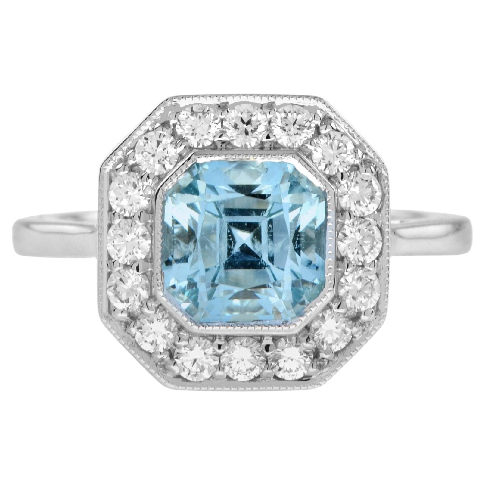 Hexagon Swiss Blue Topaz & Diamond Art Deco Style Halo Set 14K White Gold Ring