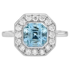 Hexagon Swiss Blue Topaz & Diamond Art Deco Style Halo Set 14K White Gold Ring