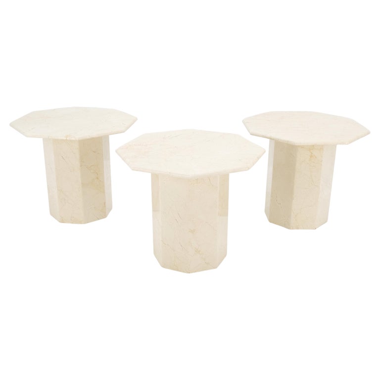 Hexagon Travertine Single Pedestal 21"H Side End Table Stand Pedestal Pair Three For Sale