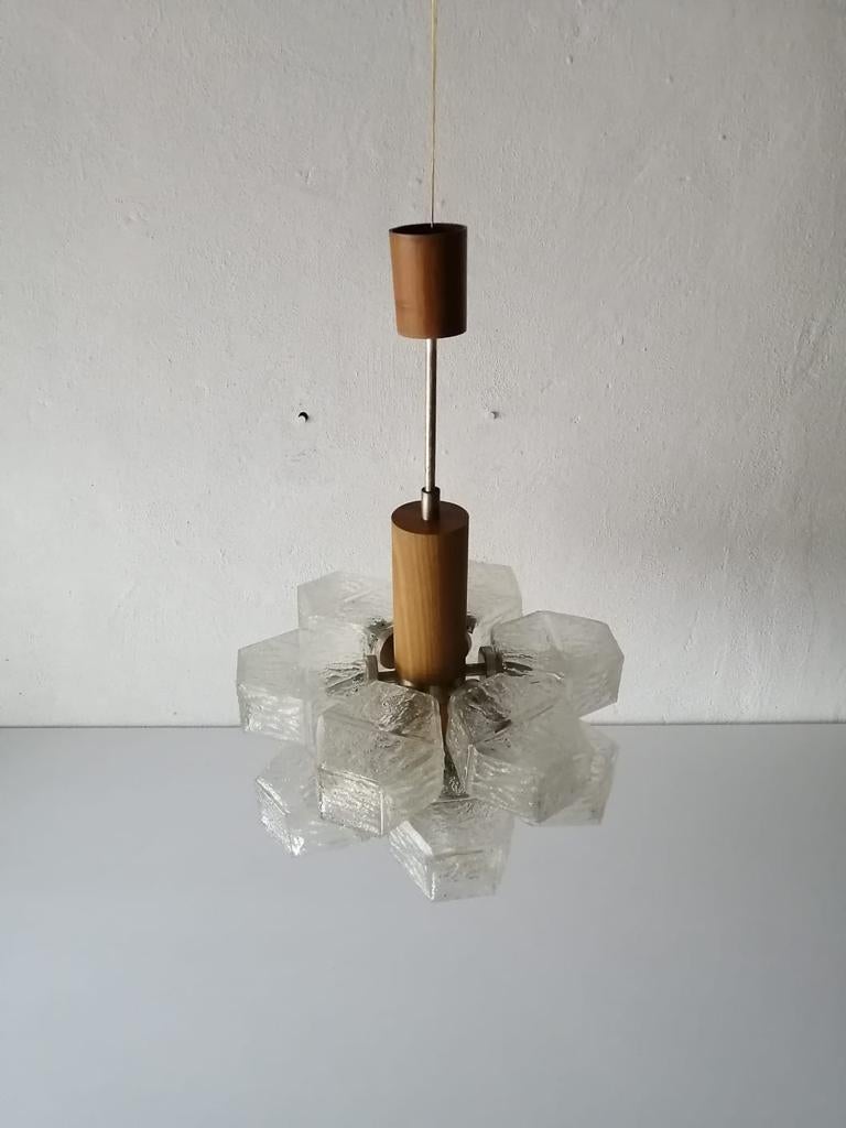 Hexagonal 12 Glass Tubes and Teak Atomic Age Chandelier by Temde, 1960s, Germany For Sale 4