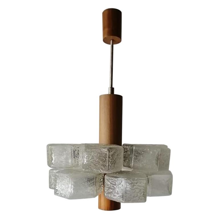 Hexagonal 12 Glass Tubes and Teak Atomic Age Chandelier by Temde, 1960s, Germany