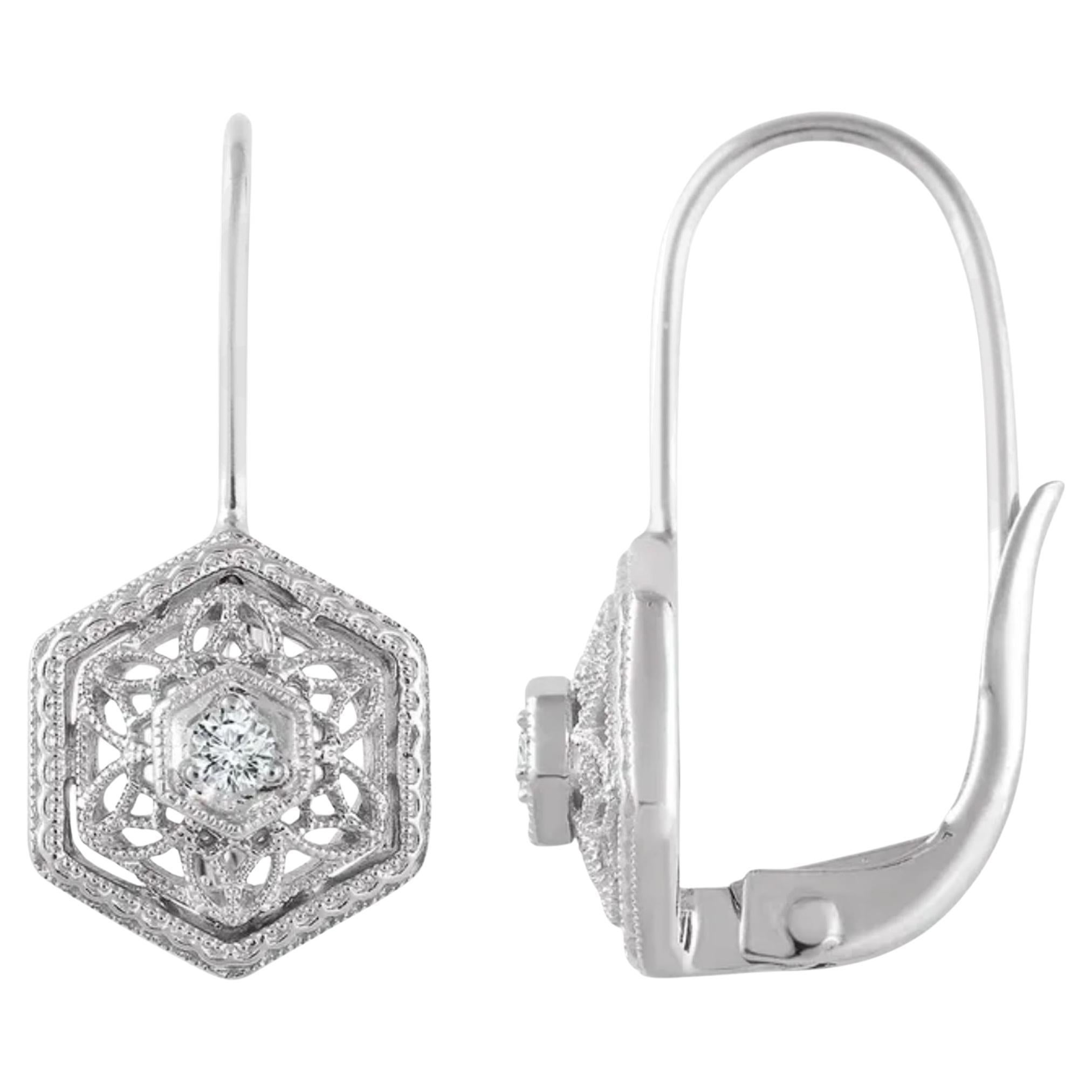 Hexagonal 14K White Gold Antique Inspired Diamond Drop Earrings 0.06 Carats For Sale