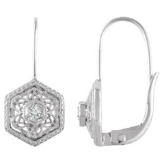 Hexagonal 14K White Gold Antique Inspired Diamond Drop Earrings 0.06 Carats