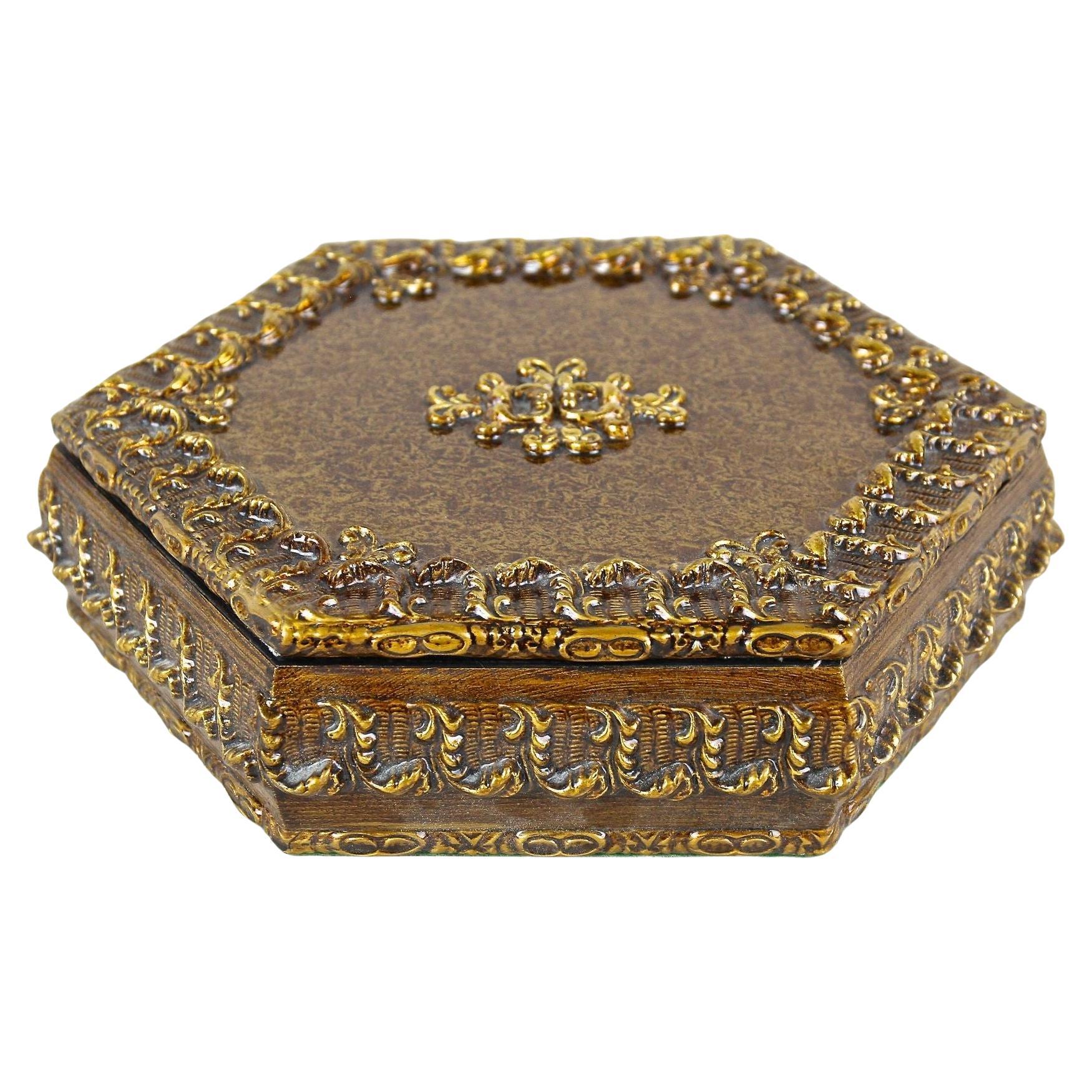 Joyero hexagonal de madera del siglo XIX, pintado a mano, Austria ca. 1890