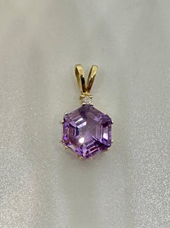 Hexagonal Amethyst Diamond Lavaliere Pendant Necklace Antique 14 Karat Gold