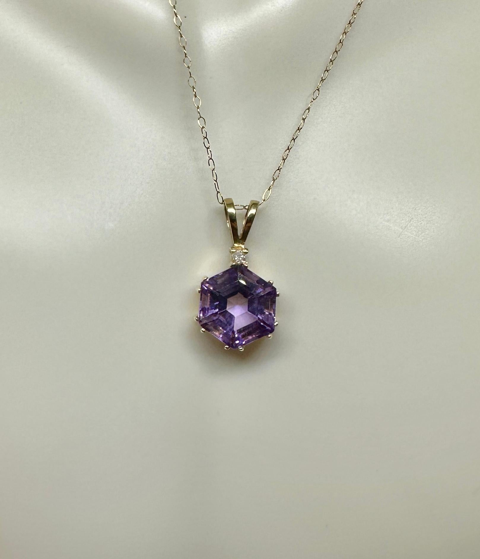Hexagon Cut Hexagonal Amethyst Diamond Lavaliere Pendant Necklace Antique 14 Karat Gold For Sale