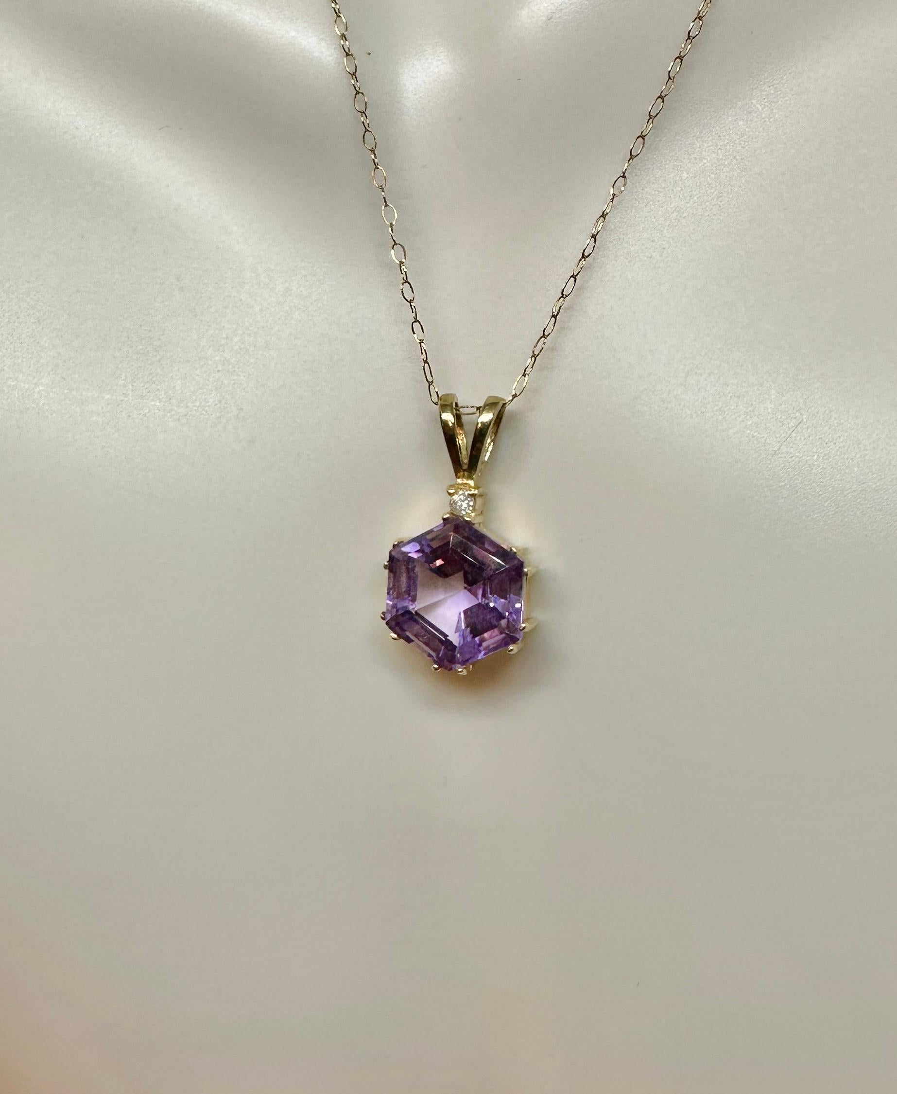 Women's Hexagonal Amethyst Diamond Lavaliere Pendant Necklace Antique 14 Karat Gold For Sale