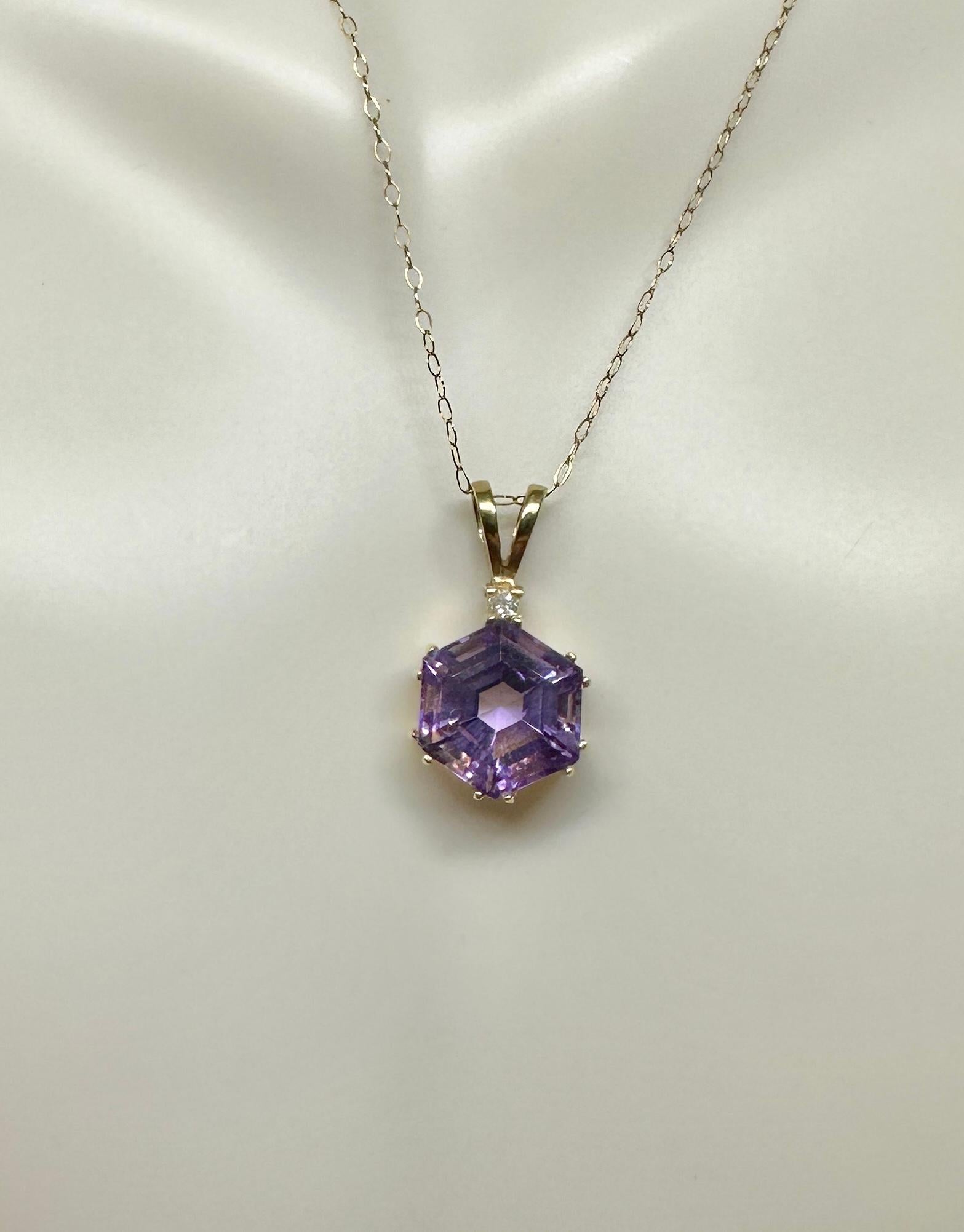 Hexagonal Amethyst Diamond Lavaliere Pendant Necklace Antique 14 Karat Gold For Sale 1